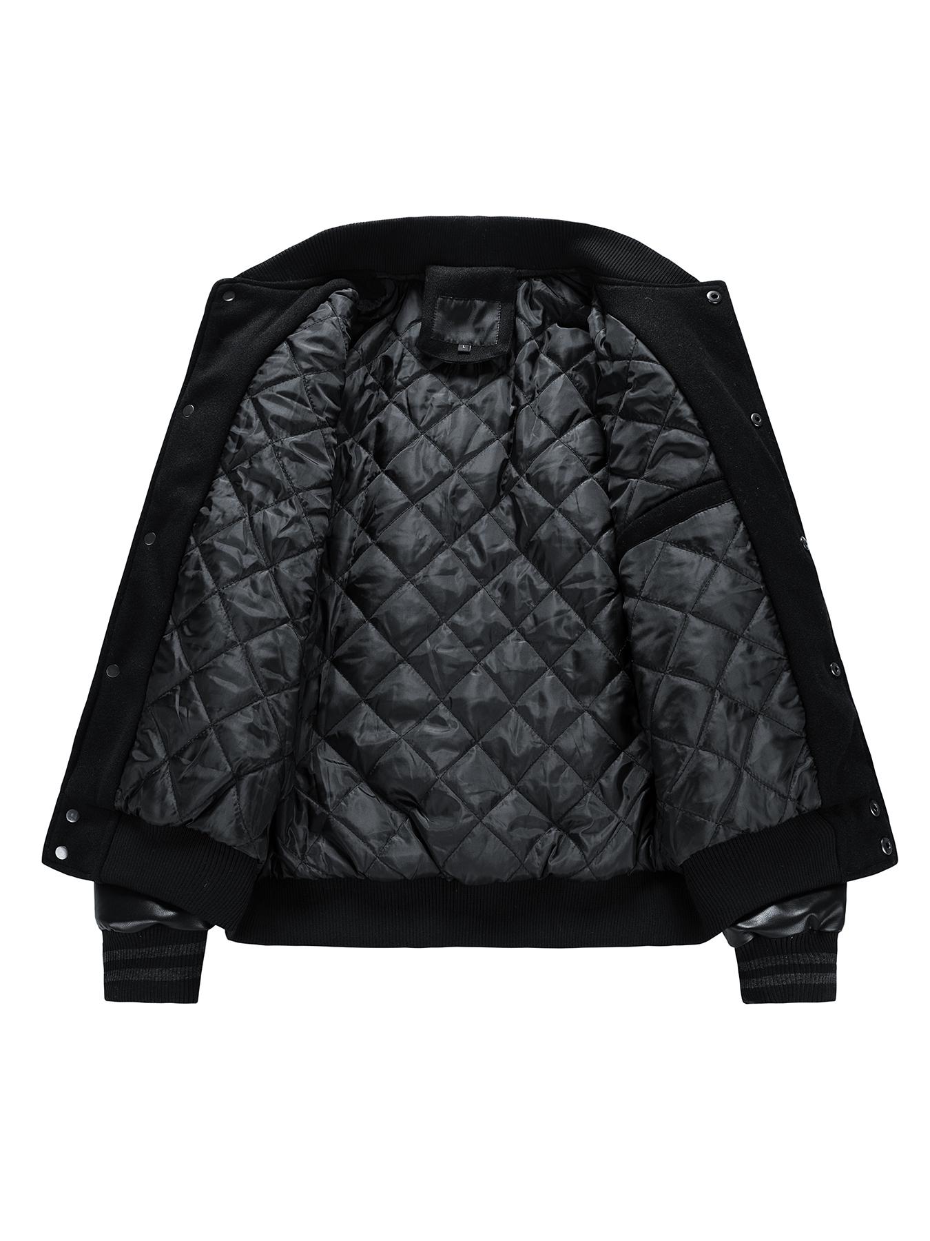 Men's Letter Patched Pocket Button Front Varsity Jacket, Casual Regular Fit Long Sleeve Stand Collar PU Leather Jacket Coat for Fall Winter