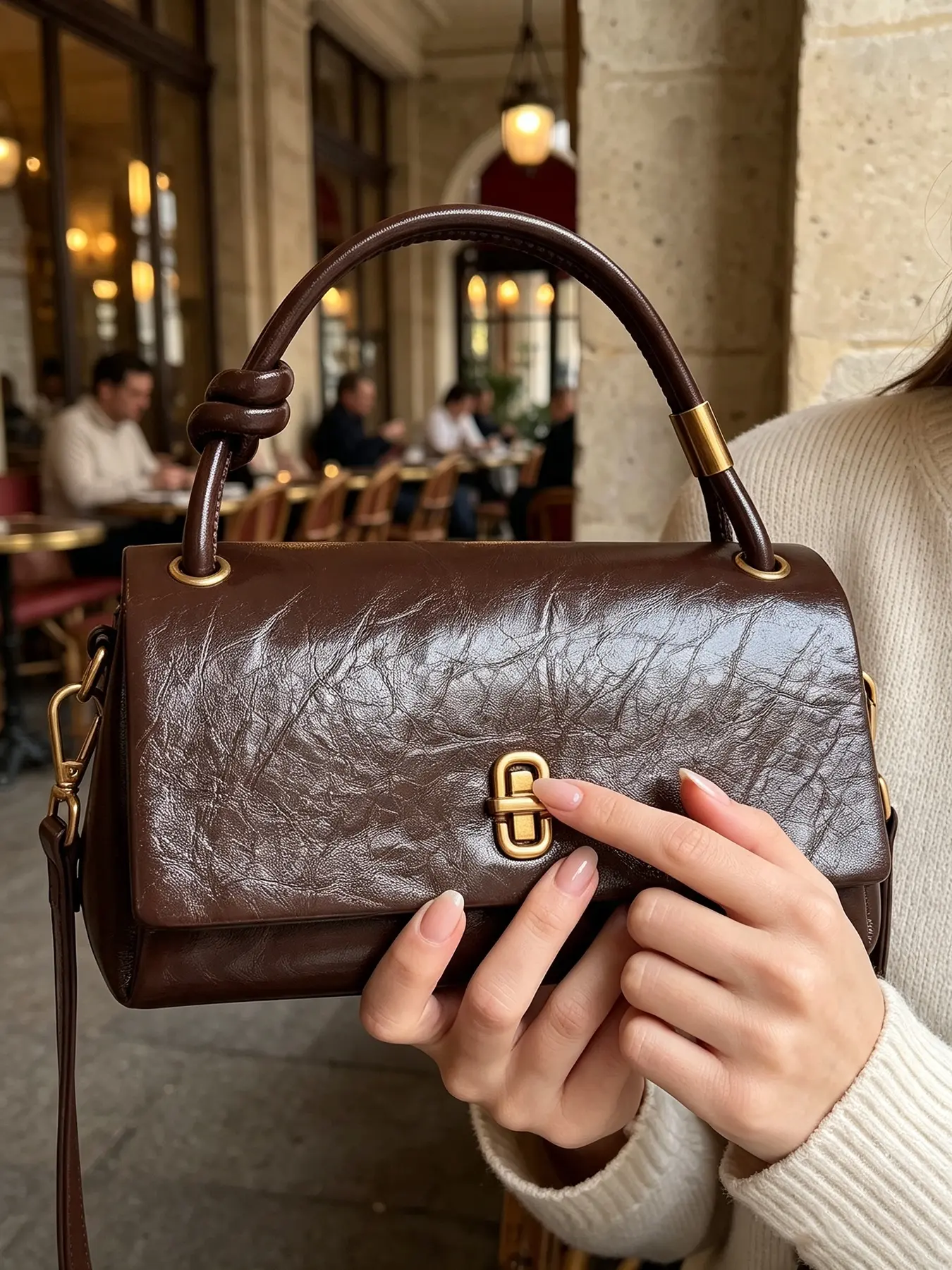 Women's Luxury Vintage Waxed Leather Square Bag, Knotted Hand Detail, Metal Lock Flap, Adjustable Strap, Versatile Shoulder Crossbody Commute Purse