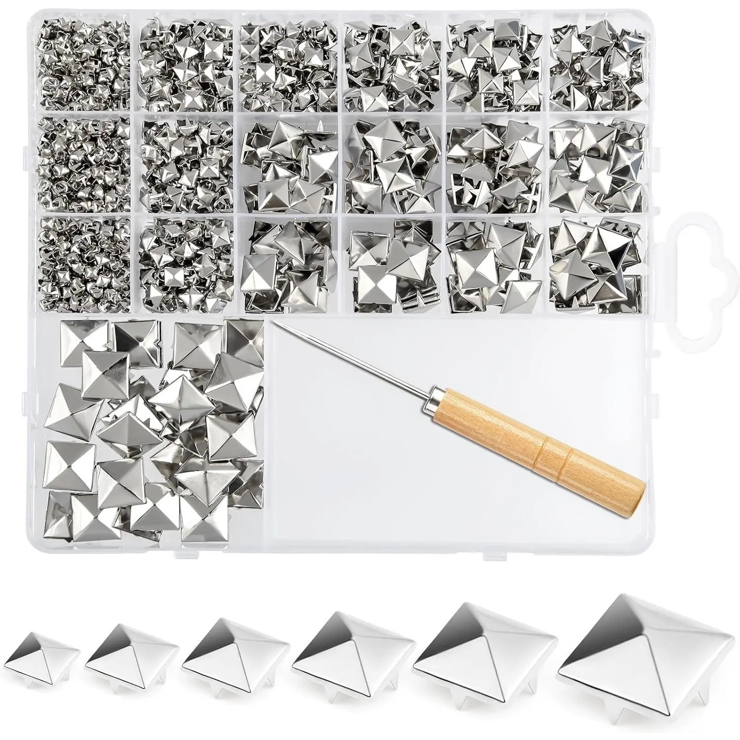 1170Pcs Square Pyramid Studs 6 Sizes Silver Metal Four-Pronged Square Leather Rivet Kit for Decorating Jackets Shoes Pet Collars Bags