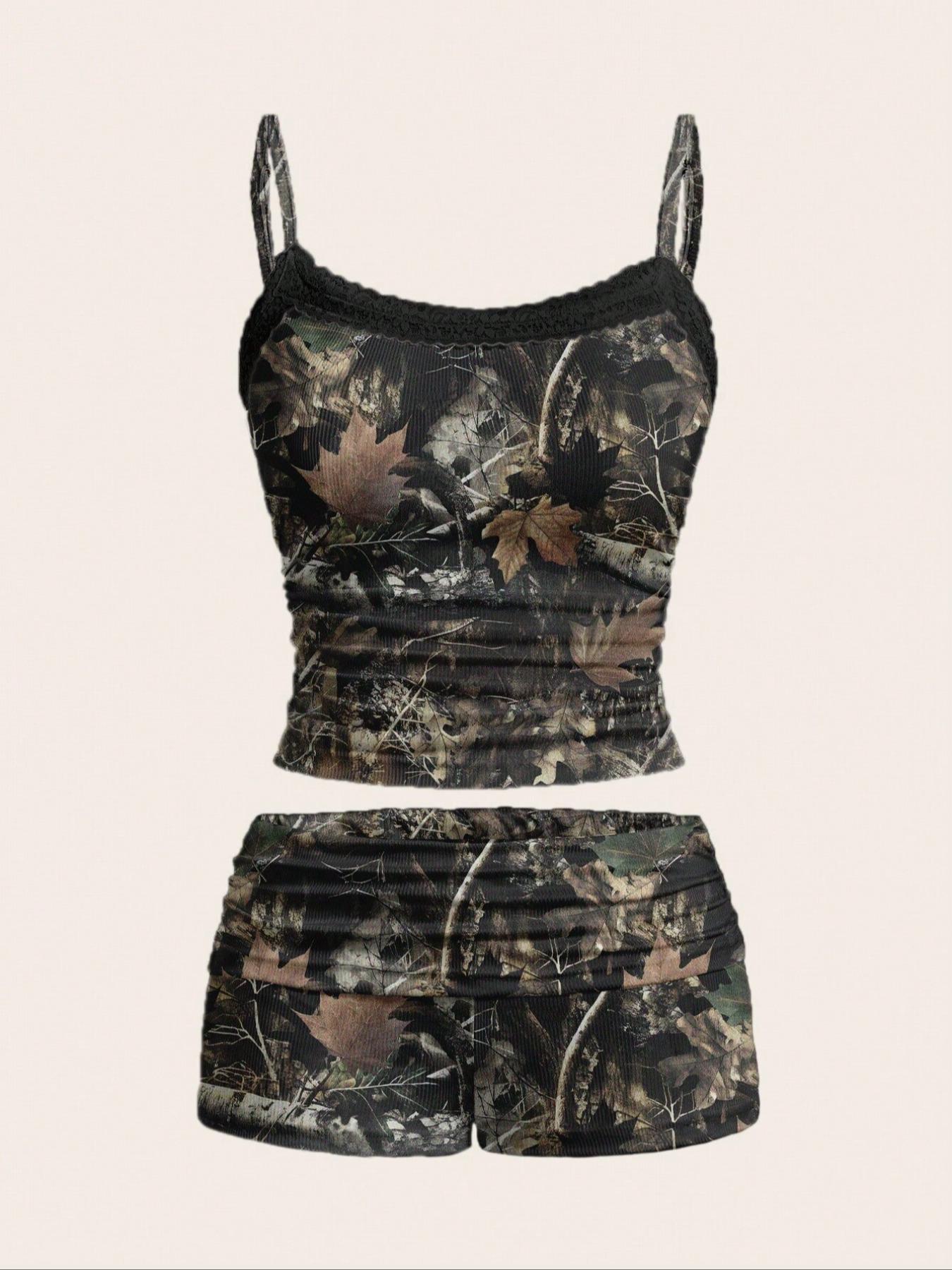 Women's Maple Leaf Print Camisoles & Shorts Two-piece Set, Casual Fashion Top & Shorts for Daily Outdoor Wear, Ladies Clothes for All Seasons, 2 Piece Sets Women, Matching Sets