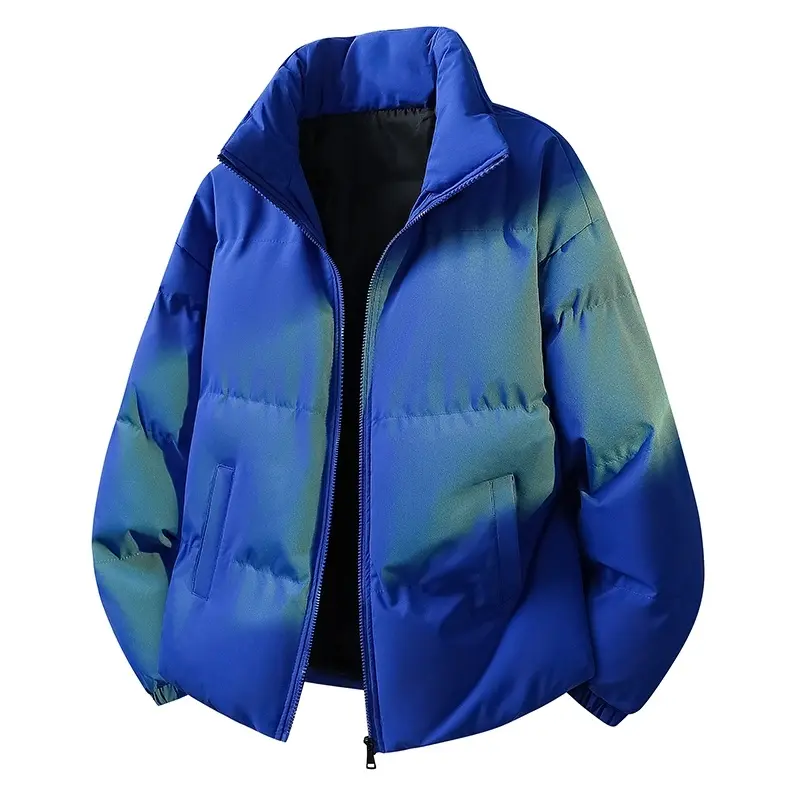 Men's Gradient Colors Padded Puffer Jacket - Stand Collar, Full-Front Zip Closure, Horizontal Quilted Stitching, Side Hand Pockets, Elastic Cuffs, Oversized Fit, Padded Warmth, Medium Length Outerwear Coat for Daily Street Outfits