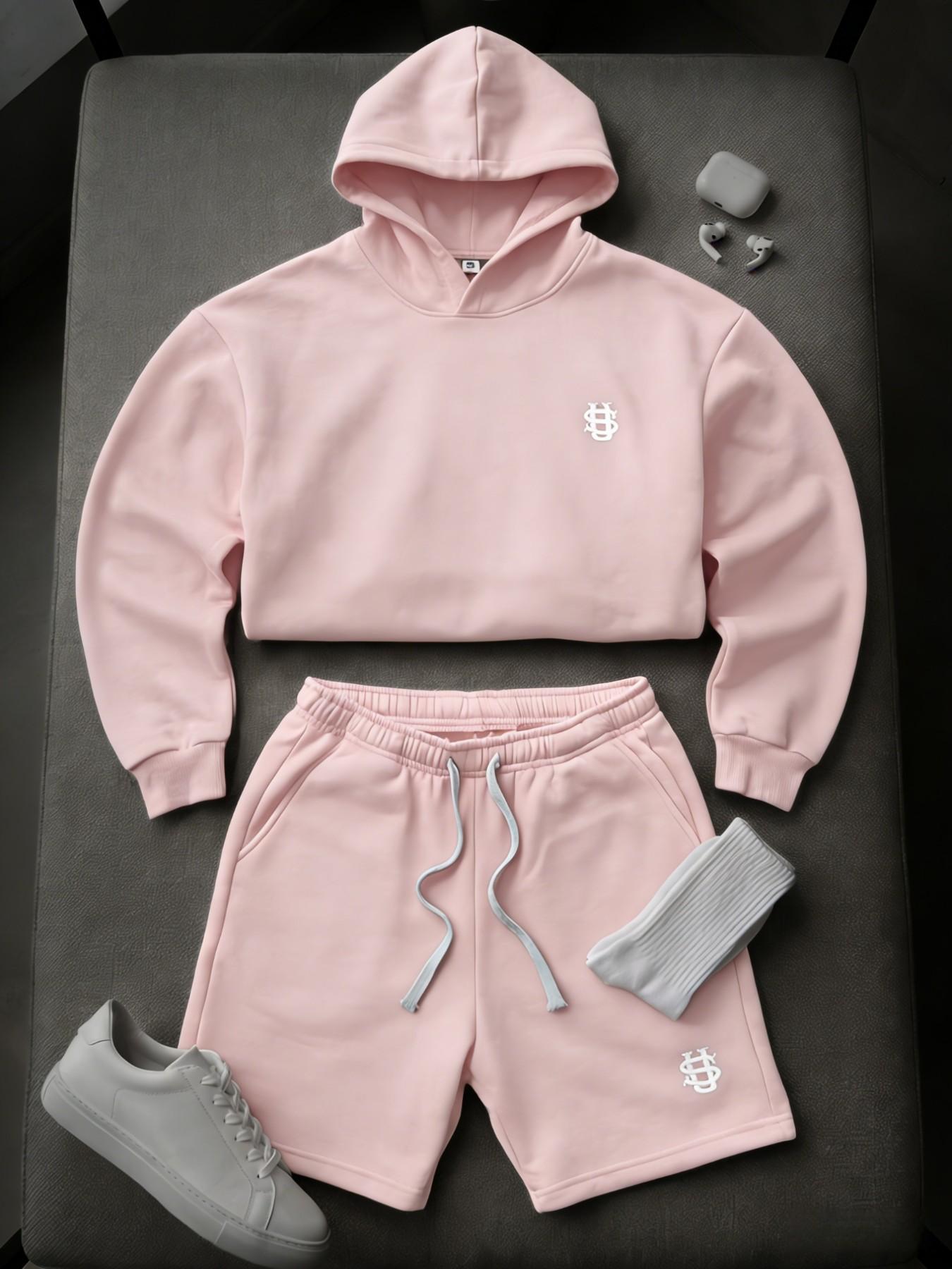 Men's High Street Long Sleeve Hoodie Set with Drawstring Shorts, Casual Lazy Style Two-Piece, Comfortable and Stylish Clothing Outfit Sets