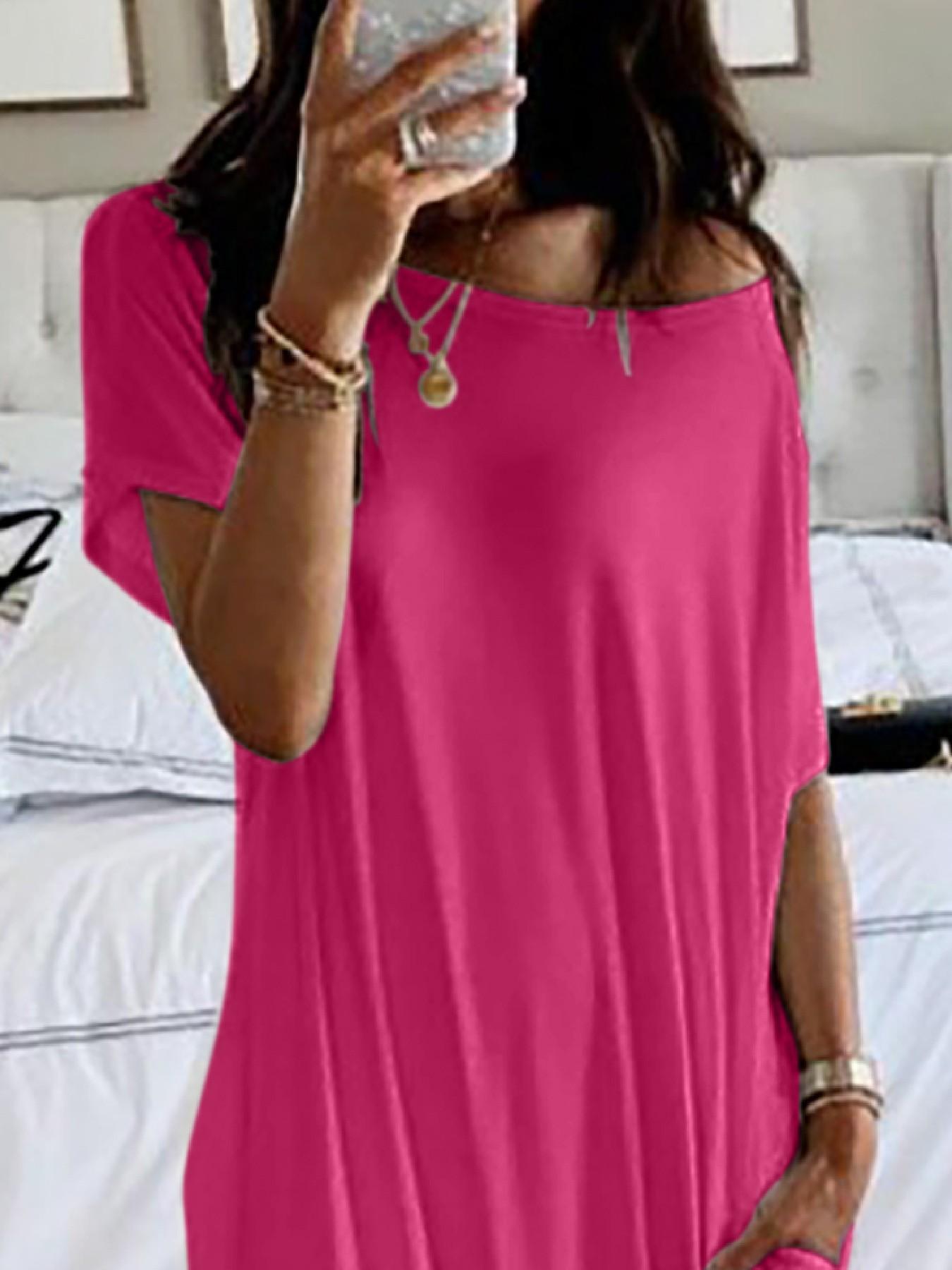 2026 Women's Solid Color Short Batwing Sleeve Loose Loungewear Dress, Soft Comfortable Casual Daily Wearing Nightdress, Versatile Ladies' Sleepwear for All Seasons
