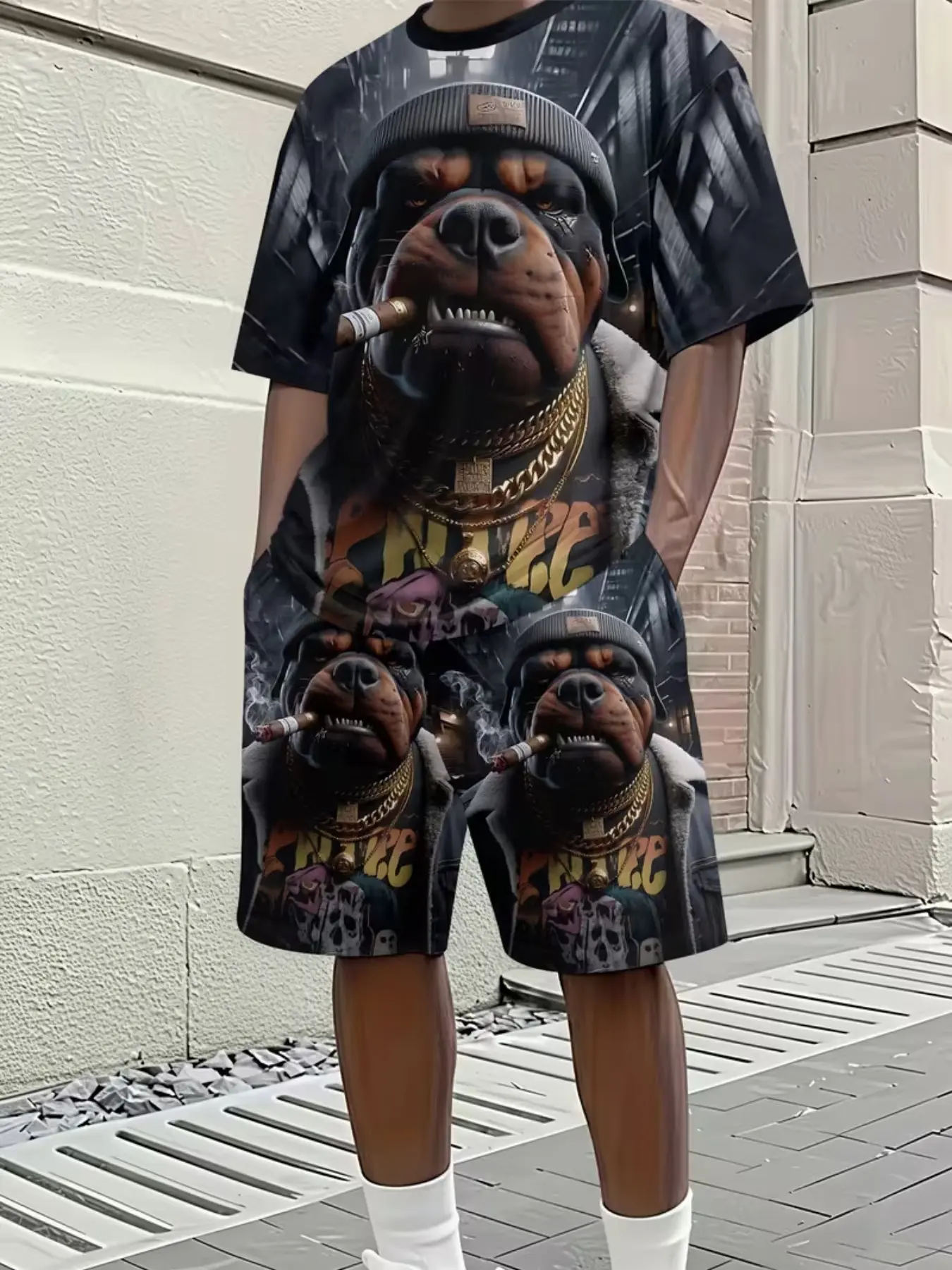 Men's Hip-Hop Rottweiler Digital Print Two-Piece Set, Streetwear Loose Summer Casual Sports, Round Neck T-Shirt + Five-Quarter Shorts