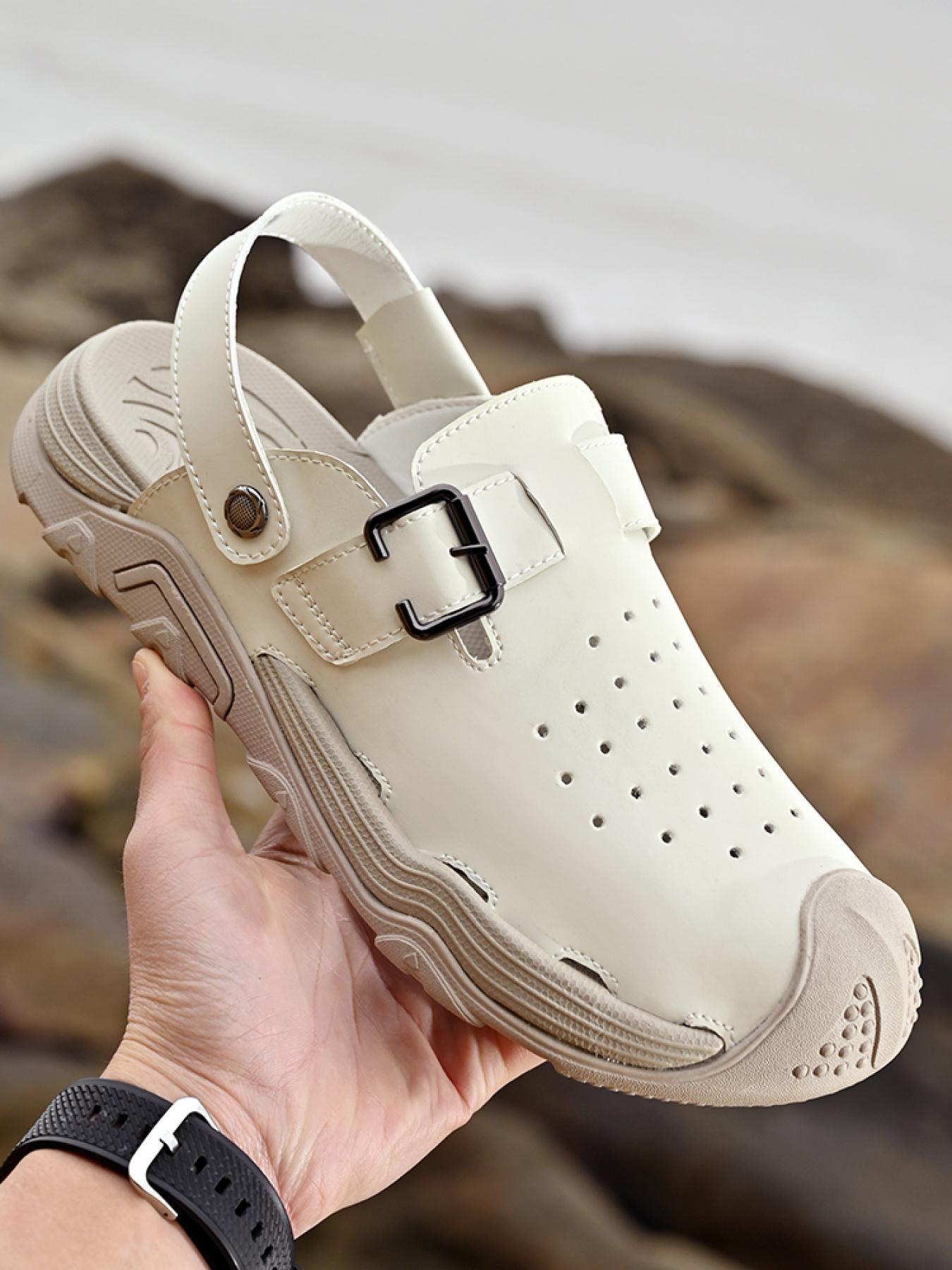 Men's Solid Color Dual-Wear Closed-Toe Perforated Sandals, Adjustable Velcro Non-Slip Beach Shoes, Breathable Outdoor Water-Slippers