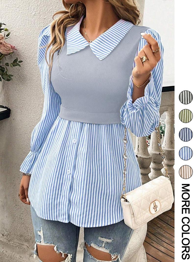 Women's Striped Print Button Front Blouse, Elegant Long Sleeve Collared Top for Spring & Fall, Ladies Clothes for Daily Wear, Button Down Blouse
