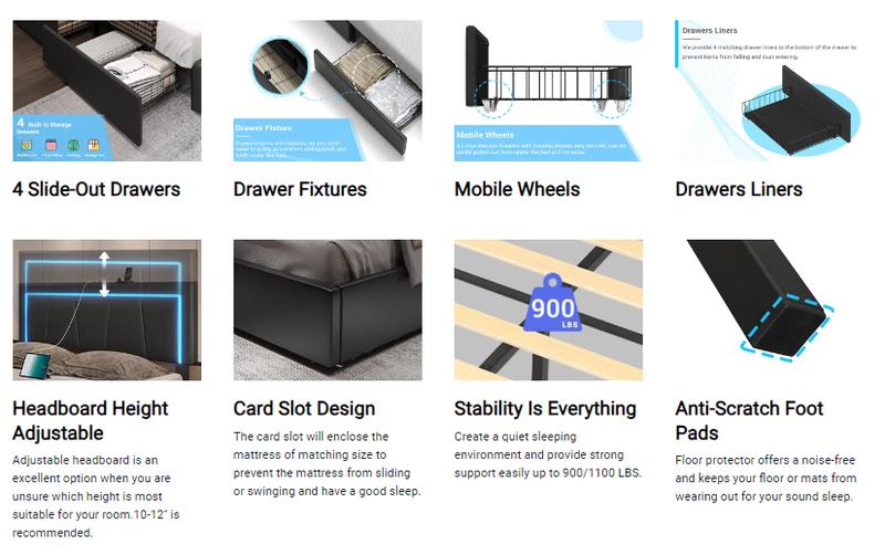 Sikaic 4 Drawers Faux Leather Upholstered Platform Bed Frame With LED Headboard Black