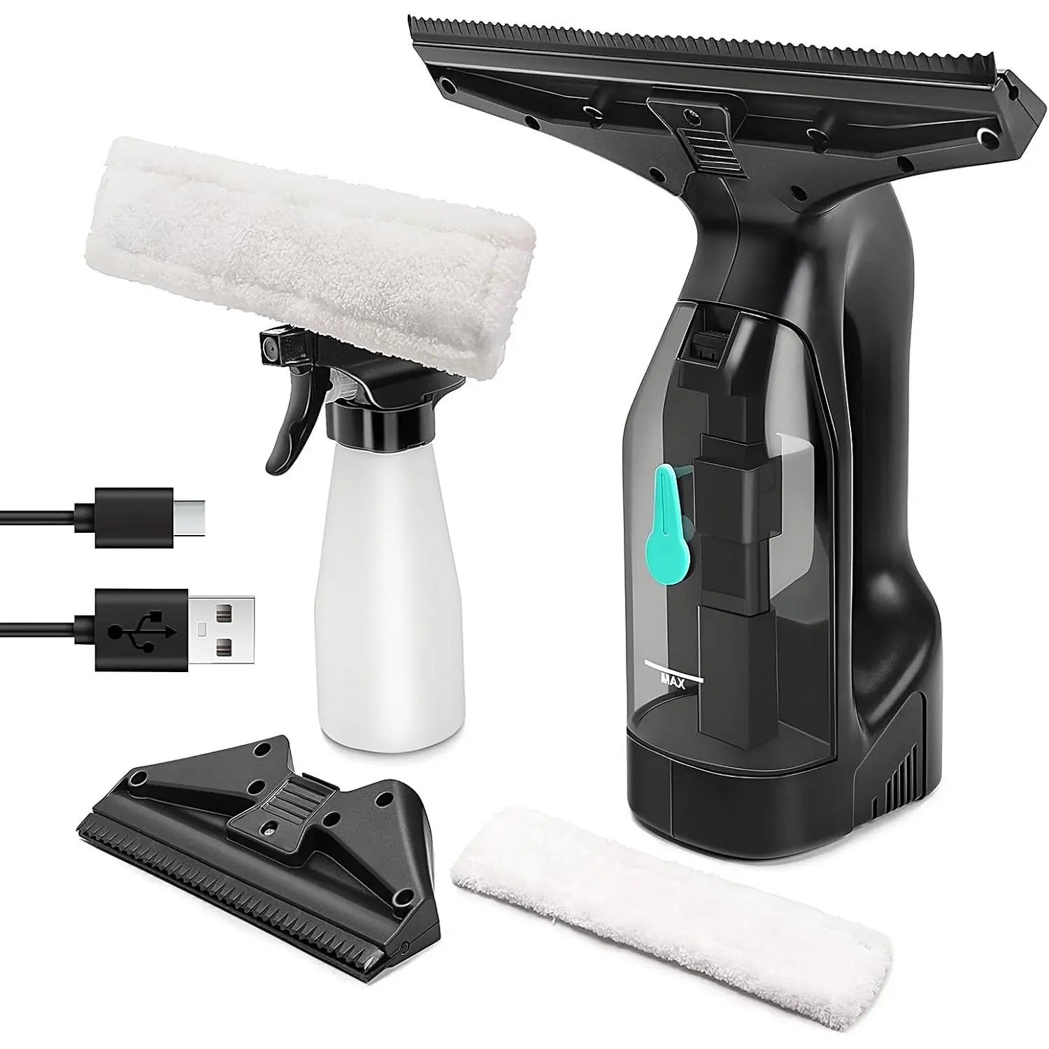 Cordless Rechargeable Electric Window Vacuum Cleaner Kit, 35Min Runtime, 2 Suction Nozzles, 2000Pa Suction, USB-C Charging for Streak-Free Window, Shower Glass Cleaning, Streak-Free Wipe