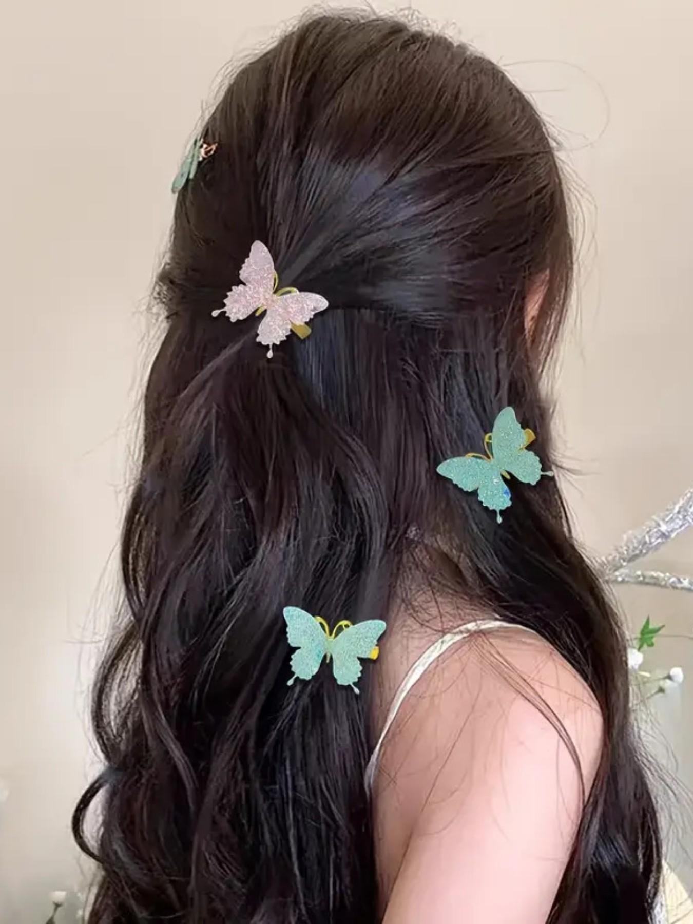 8pcs Mixed Color Glitter Butterfly Hair Clips, Cute Elegant Side Bang Clip, Suitable for Women Outing, Dating, Festival Wear