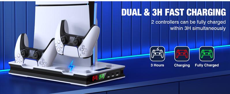 PS5 Stand and Cooling Station with Controller Charging Station for PS5 Slim/PS5/PS5 Pro, PS5 Accessories Incl,3 Levels Cooling Fan, 3 USB Hub, Headset Holder, Media Slot for PS5 Slim&PS5 Disc/Digital Console