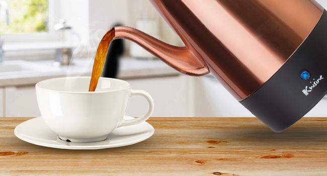 PER12 Stainless Coffee Percolator, 12 Cup, Polished Copper Finish, Gooseneck Spout, Clear Knob, Brewing Indication, Keep-Warm Function, Detachable Cord
