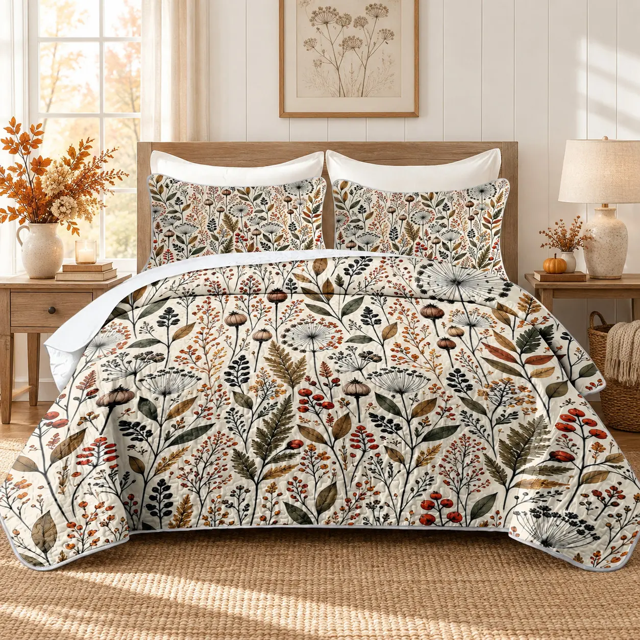 3-Piece Autumn Botanical Wildflower Print Quilted Bedspread Set, Rustic Farmhouse Fall Bedding Set with 1 Bedspread & 2 Fall Pillow Shams, Lightweight, Soft, Breathable, Fade Resistant, for Queen/King Beds, Bedroom, Guest Room & Fall Home Decor