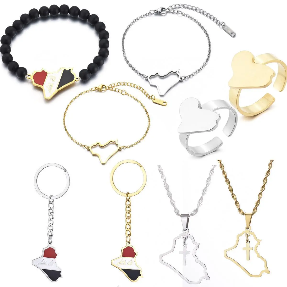 100% Brand New Iraqi Map & Flag Pendant Costume Jewelry Set - Female, Animal Beads, Bow Accents, Heart, Star, Necklaces, Keychains, Bracelets, Rings, Mix Order Option for Fashion Enthusiasts, Yes