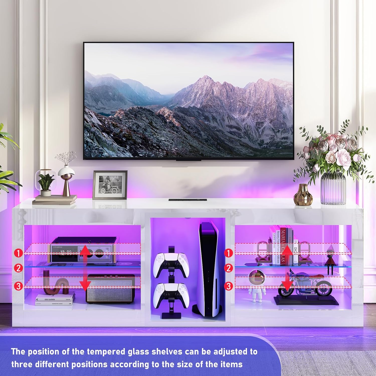 55/63/71/81 inch LED TV Stands W/Power Outlet,Black Entertainment Center W/70000-Colors Lights,High Gloss LED TV Console w/Adjustable Glass Shelves for Living Room Gameroom
