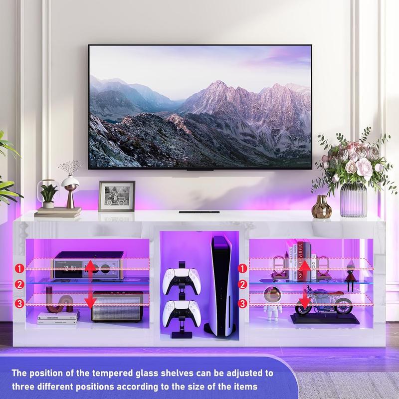 55/63/71/81 inch LED TV Stands W/Power Outlet,Black Entertainment Center W/70000-Colors Lights,High Gloss LED TV Console w/Adjustable Glass Shelves for Living Room Gameroom