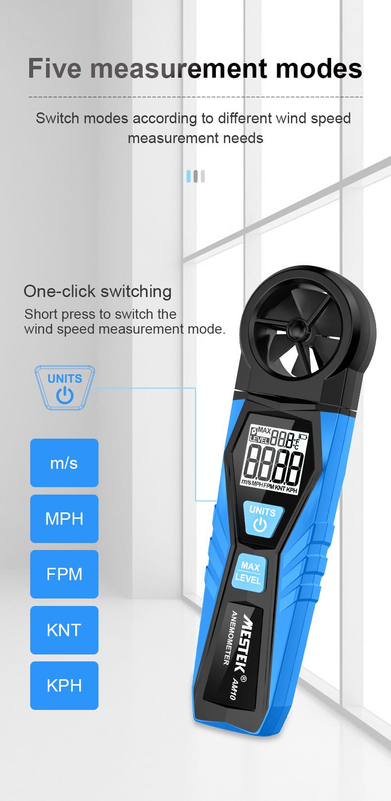 Mestek AM10 Digital Anemometer Wind Speed Gauge Meter Five Modes Rotate Wind Speed temperature measure 5 Unit m/s MPH FPM KNT KPH Wind Speed Meter