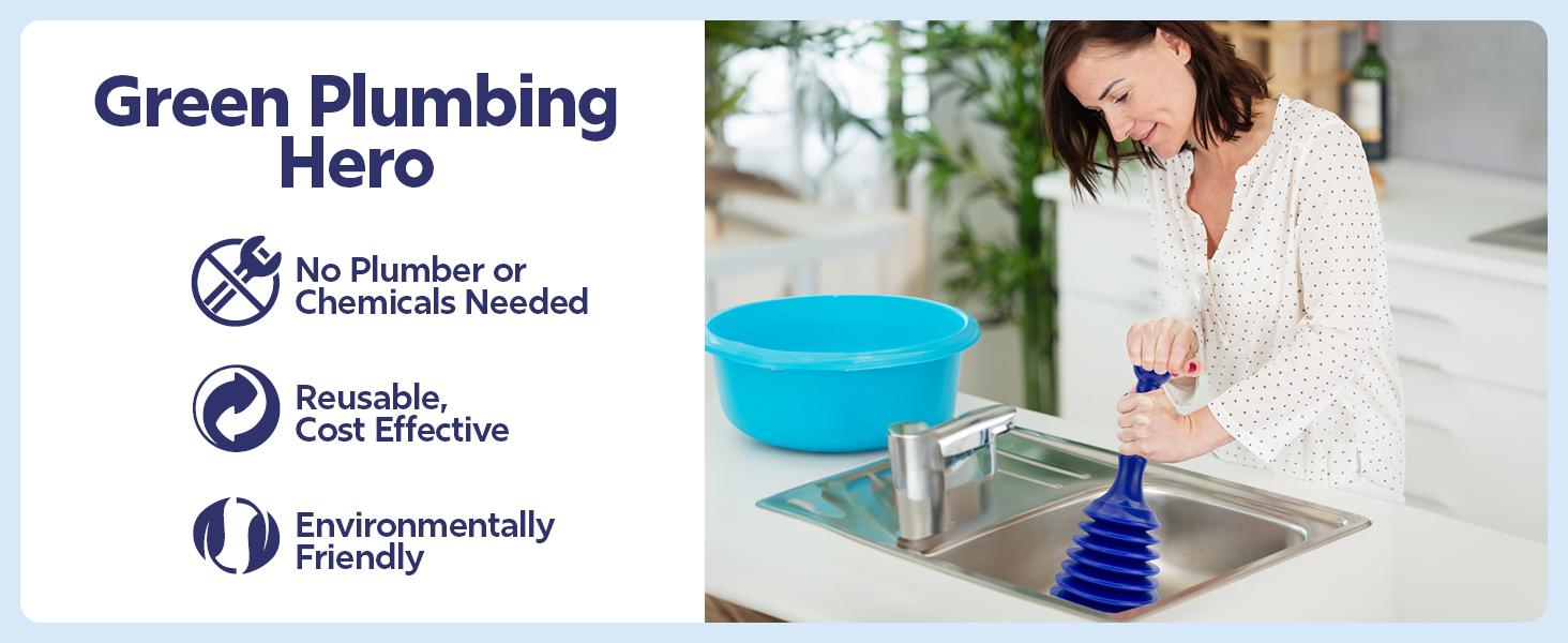 Small Commercial-Style Plumber's Plunger with Large Bellows - Powerful Clog Remover for Kitchen Sink, Bathroom Sink, Bathtub or Shower - Blue
