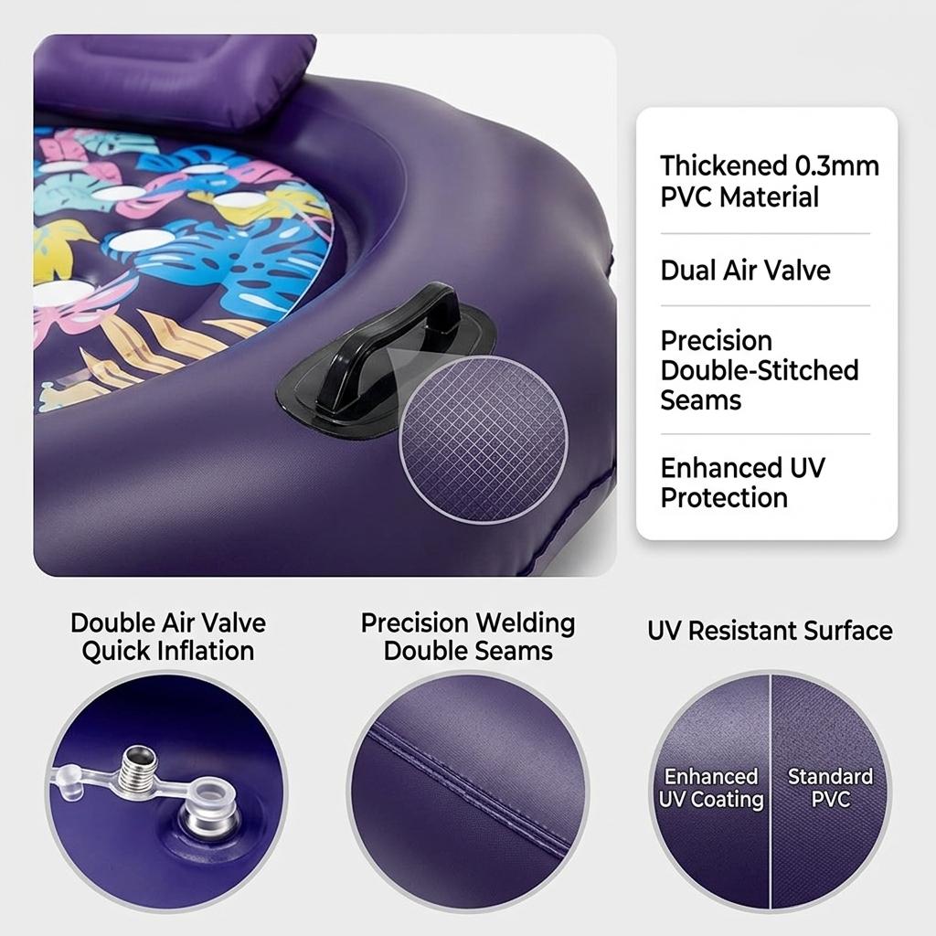 Round Edge Inflatable Sunbathing Pool, 77x77 Inch Thick PVC with Pillow and Drink Holder, Outdoor Floating Lounge Chair, Summer Essential, Swim Ring, Swimming Ring, Pool Floater, Pool Floatie
