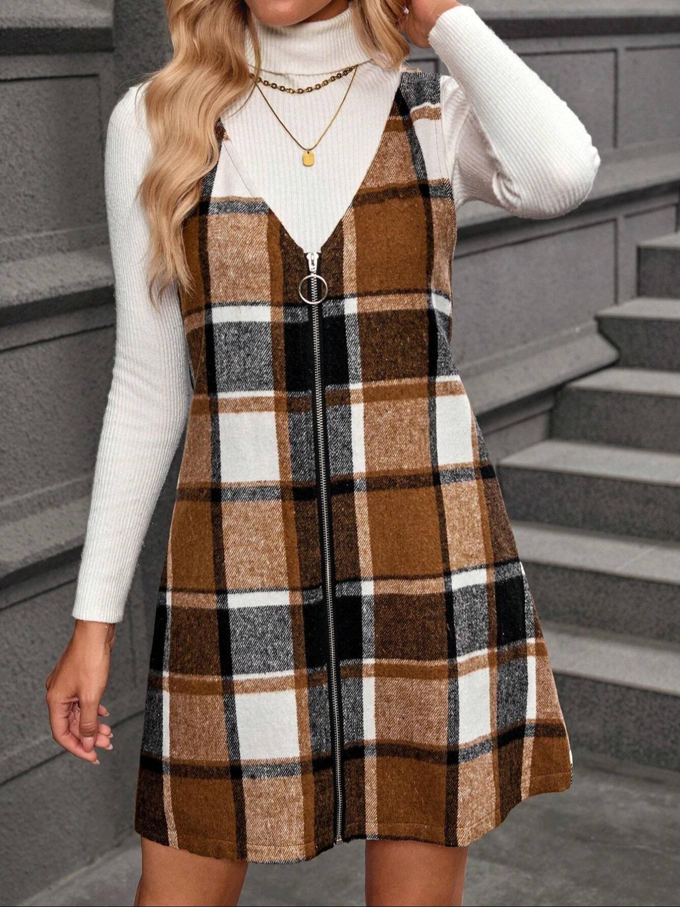 Women's Plaid V-Neck Zipper Sleeveless Dress, Fall Winter Fashion, Casual Style, Perfect for Daily Wear and Special Occasions