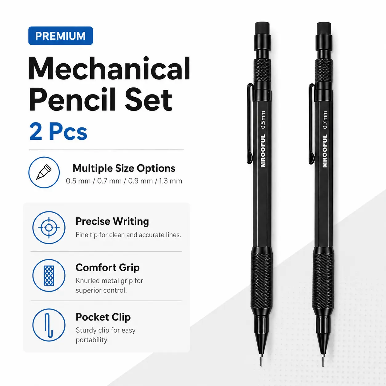 2-Pack Mechanical Pencil Set, Precision Automatic Pencils with Knurled Grip and Pocket Clip, Multiple Sizes 0.5mm 0.7mm 0.9mm 1.3mm for Students and Office Use