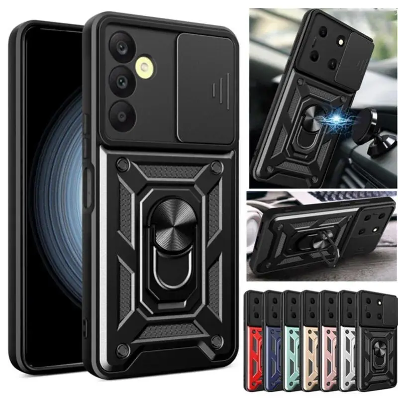Aluminium Polycarbonate-Plastic Armor Shell Case Cover with Magnetic Handheld Holder - Shockproof Phone Accessory for Samsung Galaxy A55,A54,A15,A35,A25,A33,A12,A23 4G,A73,A53,A05,A14,A34,A24,A04,A03 5G/4G Smartphones