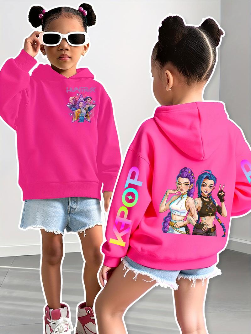 Girls Kpop Demon Hunters Graphic Casual Hoodie, Star Girl Group Pattern, Casual Fit, Autumn Winter Elastic Fabric, Christmas Gift, Fashion School Uniform