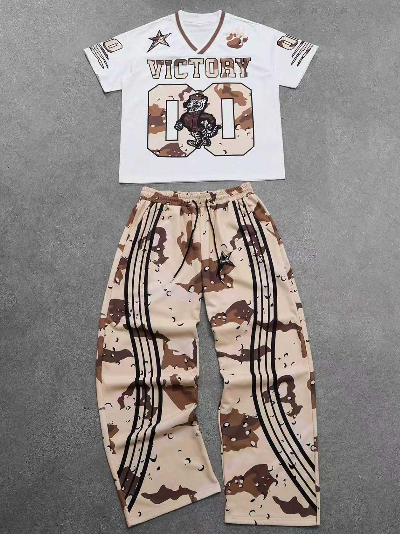 Men's Tiger Print Drop Shoulder Tee & Striped Print Trouser  Two-piece Set, Regular Fit Casual Fashion Cozy Breathable Two Piece Outfits for Daily Outdoor Wear, Men Clothes for All Seasons