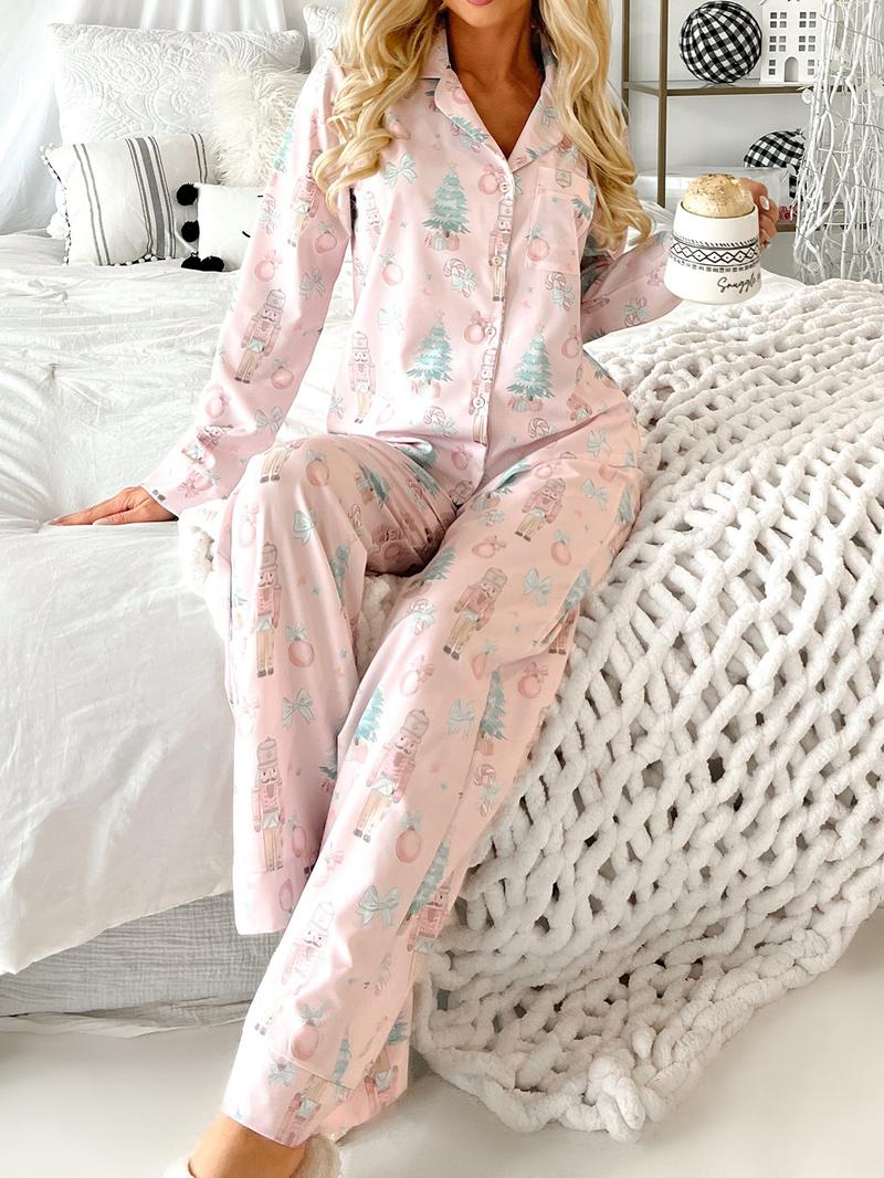 Women's Christmas Print Pajamas Set, Nightwear Lounge Set, Casual Home Wear Loungewear, Soft & Cozy Sleepwear for All Seasons, Perfect Gift Idea