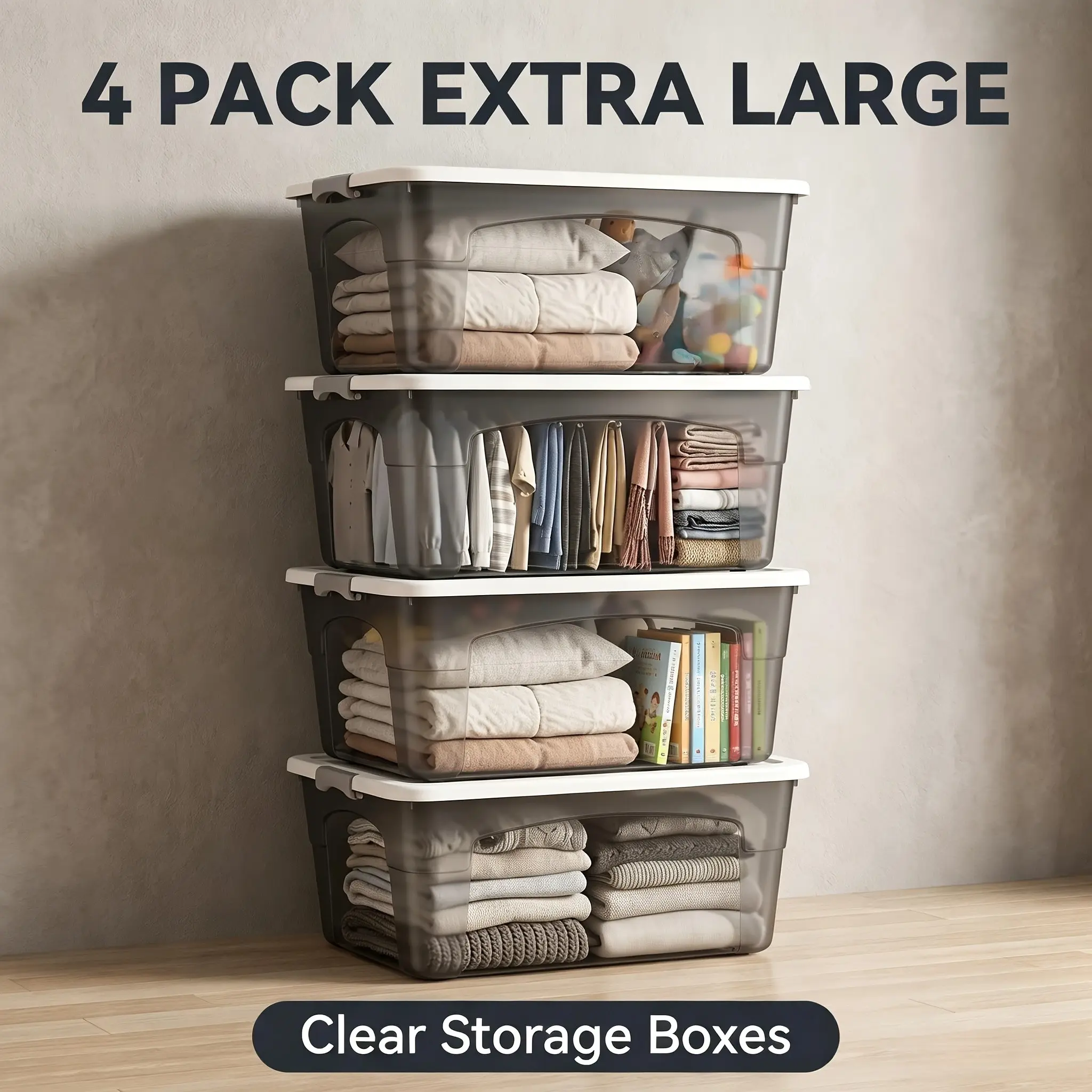 4pcs Stackable Transparent Black Storage Box Set with Lid and Handle, Durable Multi-Size Storage Bins for Christmas Decor, Wardrobe, Bedroom, Car Trunk, Books, Bathroom Essentials, Home Organization, Under-Bed