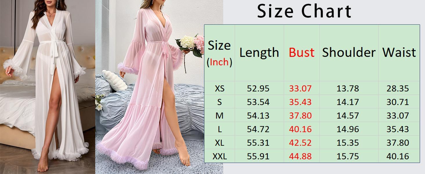 Women's Comfortable Sheer Mesh Bridal Robe - Robe for Women, Long Sleeve Belted Solid Loungewear, Deep V-Neck, Ruffle Trim, Sexy Elegant Trumpet Sleeves, Polyester Fabric, Hand Wash, No Dry Clean, Wedding Night/Getting Ready Photograph
