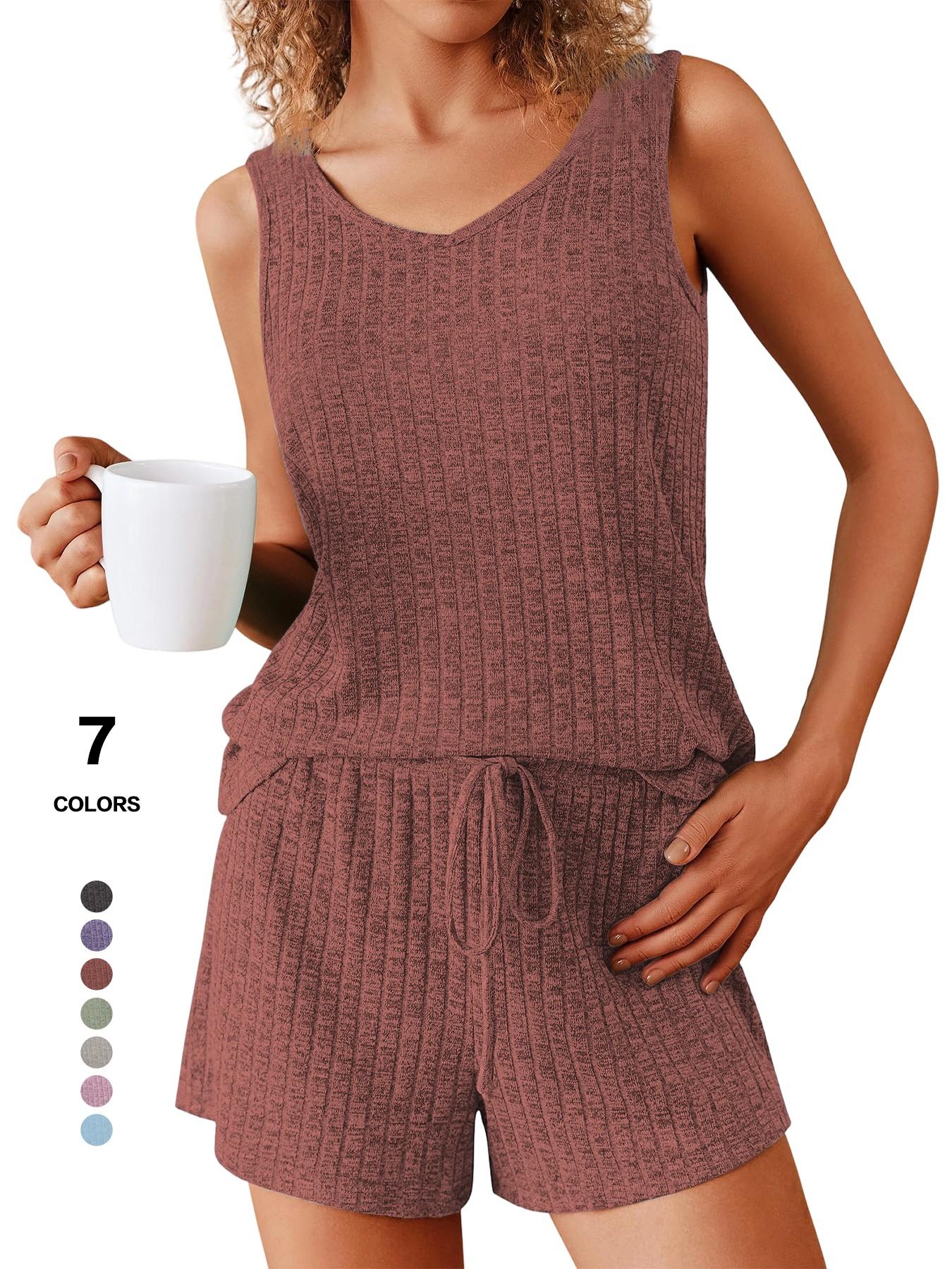 Women's 2-Piece Sleeveless Summer Pajamas Set, Ribbed Knit Tank & Shorts, Casual Fitted Elastic Design, Solid Color Loungewear
