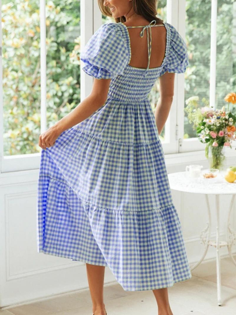 Women's Gingham Print Bubble Sleeve Dress, Casual Short Sleeve Square Neck A Line Dress for Summer, Women's Clothing for Daily Wear Women's Gingham Print Bubble Sleeve Dress, Casual Short Sleeve Square Neck A Line Dress for Summer, Women's Clothing for Daily Wear