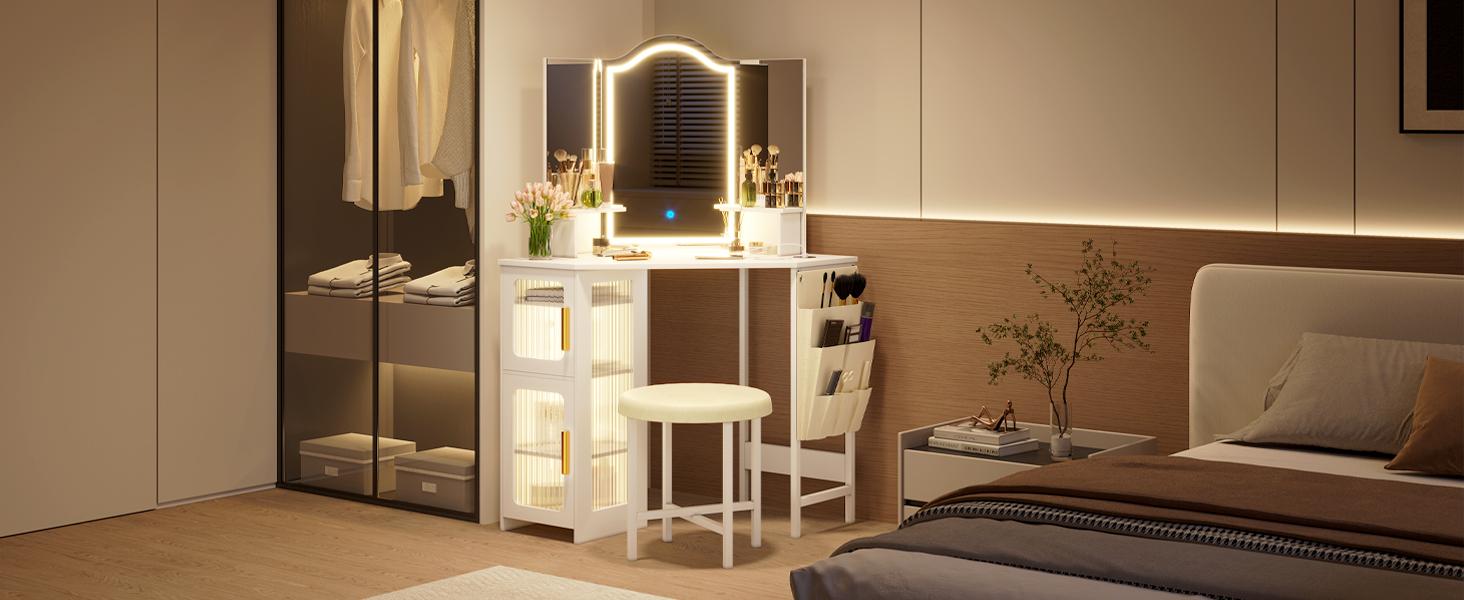 LVSOMT Vanity Desk with Mirror and Lights, Makeup Vanity with Charging Station, Dressing Table with 3 Lighting Options, Vanity Set with Drawers, Women’s Corner Vanity table, Grey