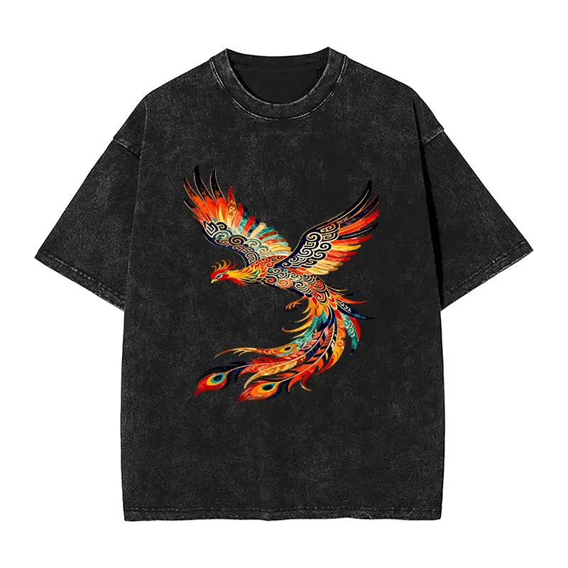 Oriental Colorful Phoenix Vintage Washed Graphic Tops, 100% Cotton Short Sleeve Women's T-Shirt, Traditional Chinese Phoenix Art Print, Loose Oversized Distressed Tee, Ethnic Streetwear For Daily Outings