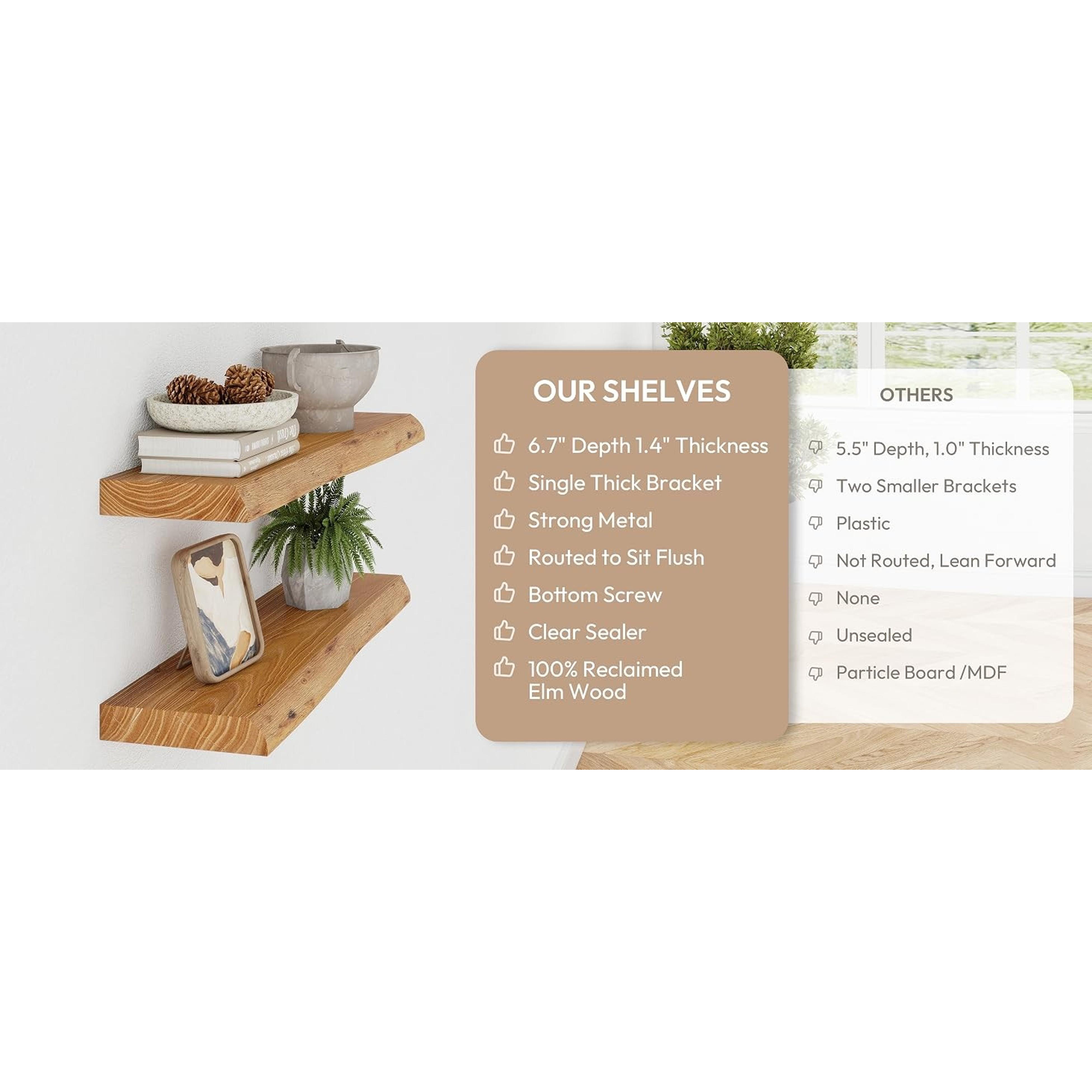 40-in Solid Elm Wooden Floating Shelf with Invisible Bracket - Rustic Minimalist Walnut-Tone Wall-Mounted Shelf for Bathroom, Living Room Decor, 1 Pack, Installation