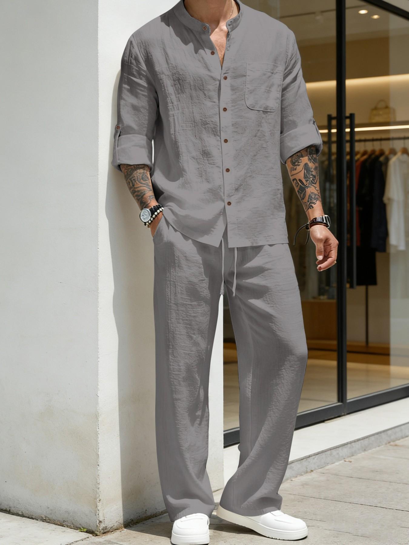 Men's Linen Stand Collar Long Sleeve Button Shirt & Straight Leg Belted Pants Set, Casual Business Leisure Style, Fashionable Men's Clothing