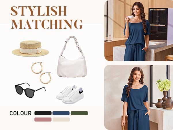 HOTOUCH Lounge Sets for Women Casual Short Sleeve Pullover Tops Pocketed Comfy Wide Leg Pants 2 piece sets 2025 Summer Fashion Outdoorfun Summertok