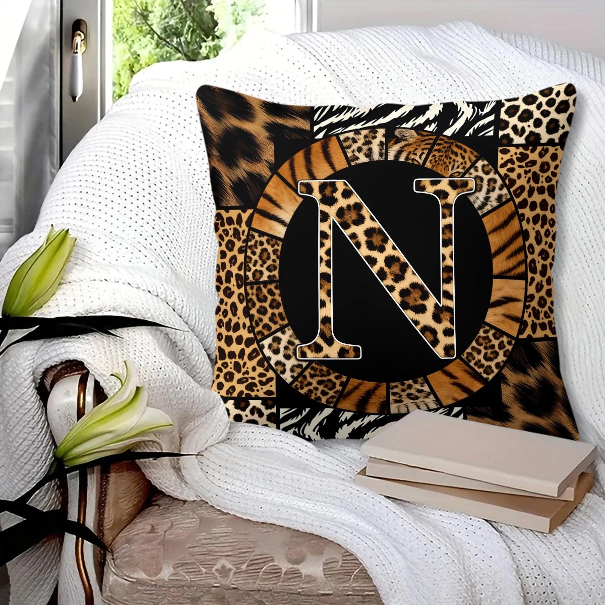 Animal Print Monogram Throw Pillow, Leopard Zebra Tiger Initial Pillow with Insert, for Sofa Living Room, Home Decor Gift for Animal Lovers