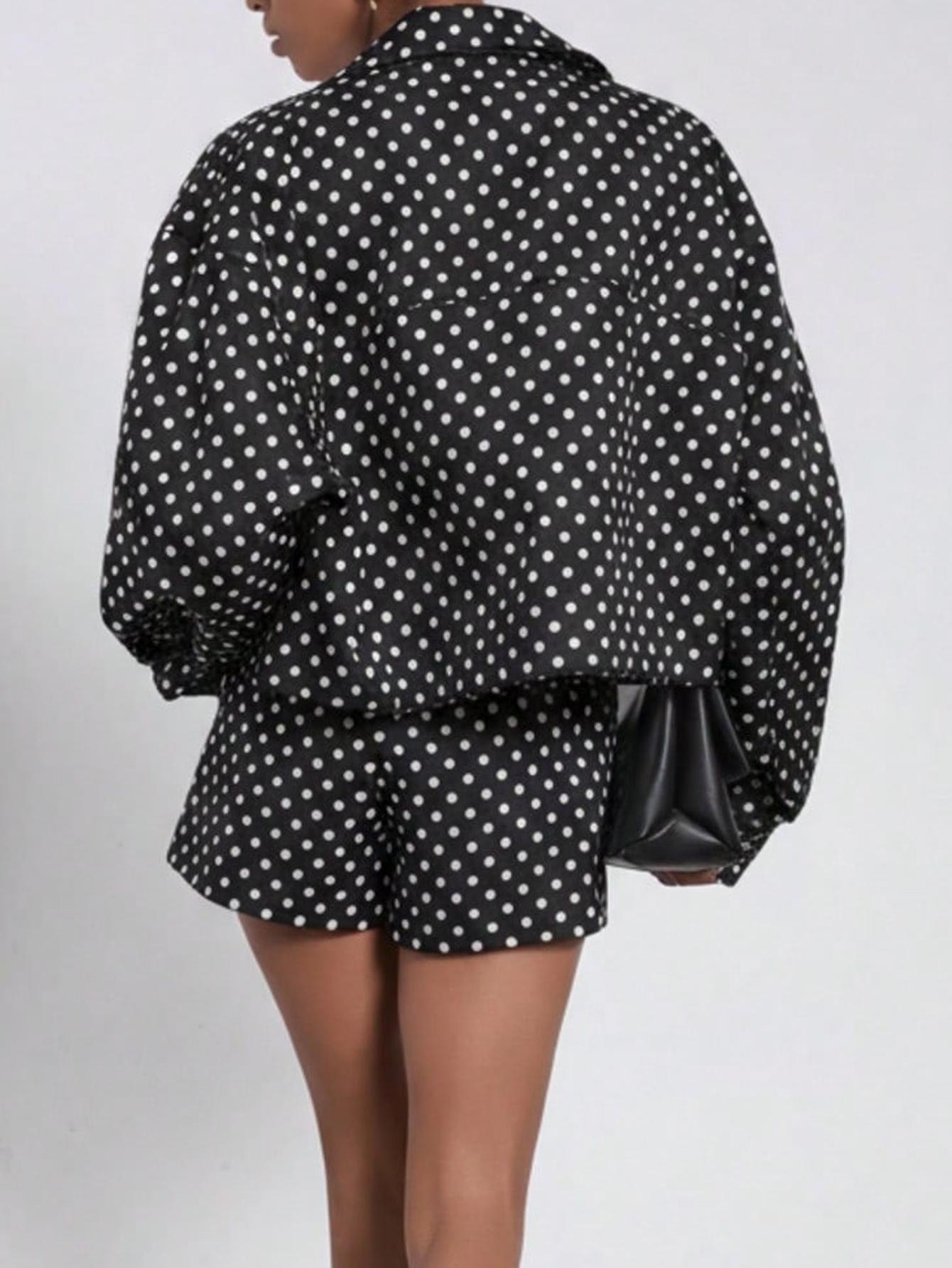 Women's Spring Fall Fashion European Style Stand Collar Vintage Polka Dot Long Sleeve Jacket Pilot Look Outerwear with Polka Dot Shorts Two-Piece Set Blazer Shorts Set