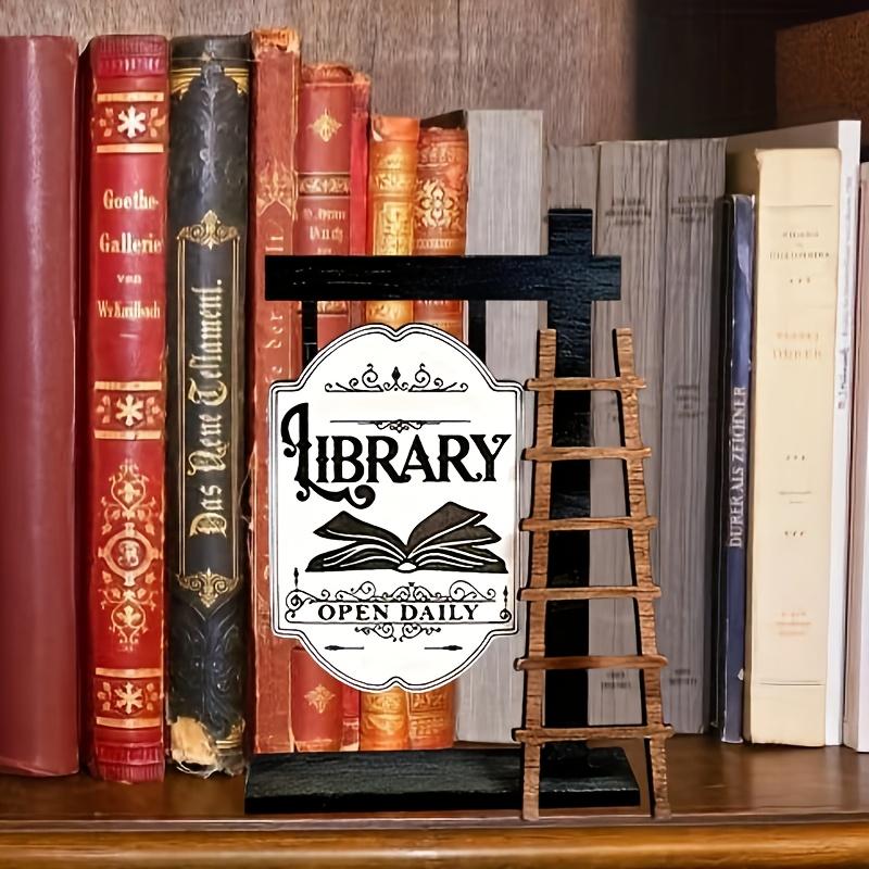 Vintage Wooden Library Sign, Elegant Shelf Design, Mini Desktop Decor, English Text, Home and Office, Desk Accessories, Book Decoration