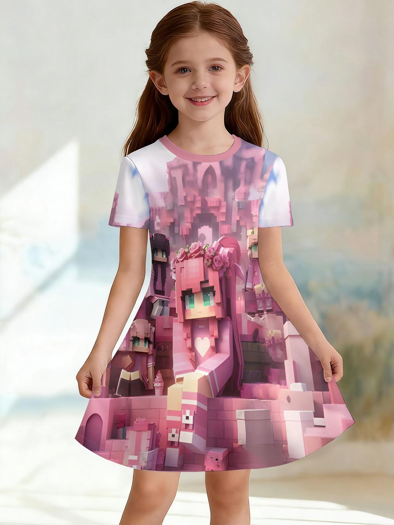 Trendy Girls' Idol Print Dress, Casual Short Sleeve Party, Perfect Birthday & Holiday Gift, Kids Fashion Apparel