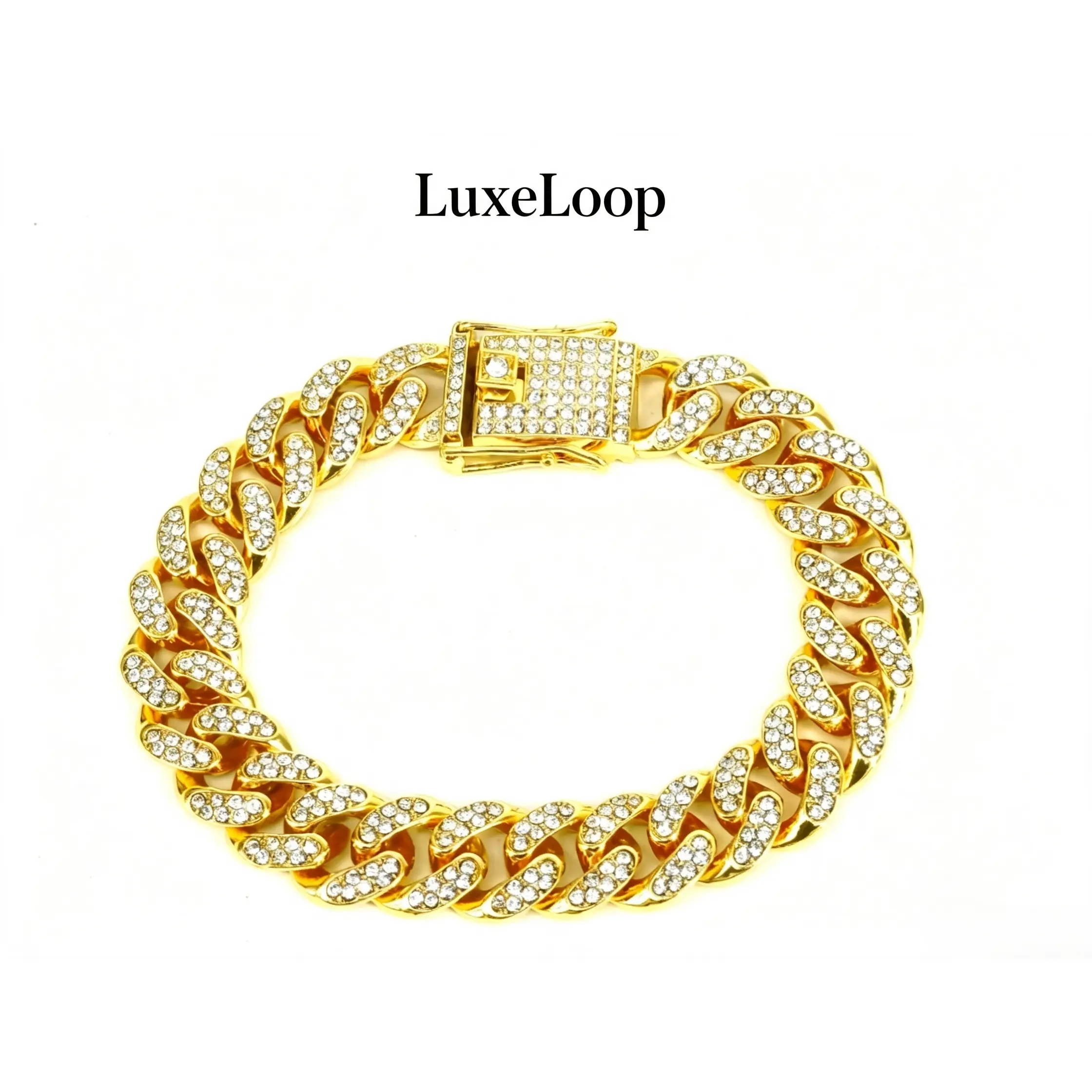 LuxeLoop Unisex Bust Down Fully Iced Miami Cuban Chain Bracelet Full Paved Clear Glass Crystal Secure Iced Box Clasp Gold Silver Rose Gold 3 Tones Stackable Y2K Coquette Aesthetic Hip Hop Drip Rapper Celebrity Style Daily Club Birthday Valentine Gift for