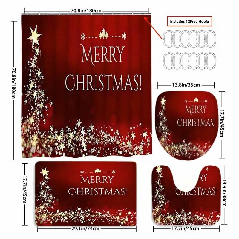 1/4pcs Christmas Holiday Theme Shower Curtain Set, Tree Design, Includes Bath Mat, Toilet Seat Cover, U-Shaped Pad, Perfect Gift, 12 Hooks Included, Bathroom Decoration Accessories