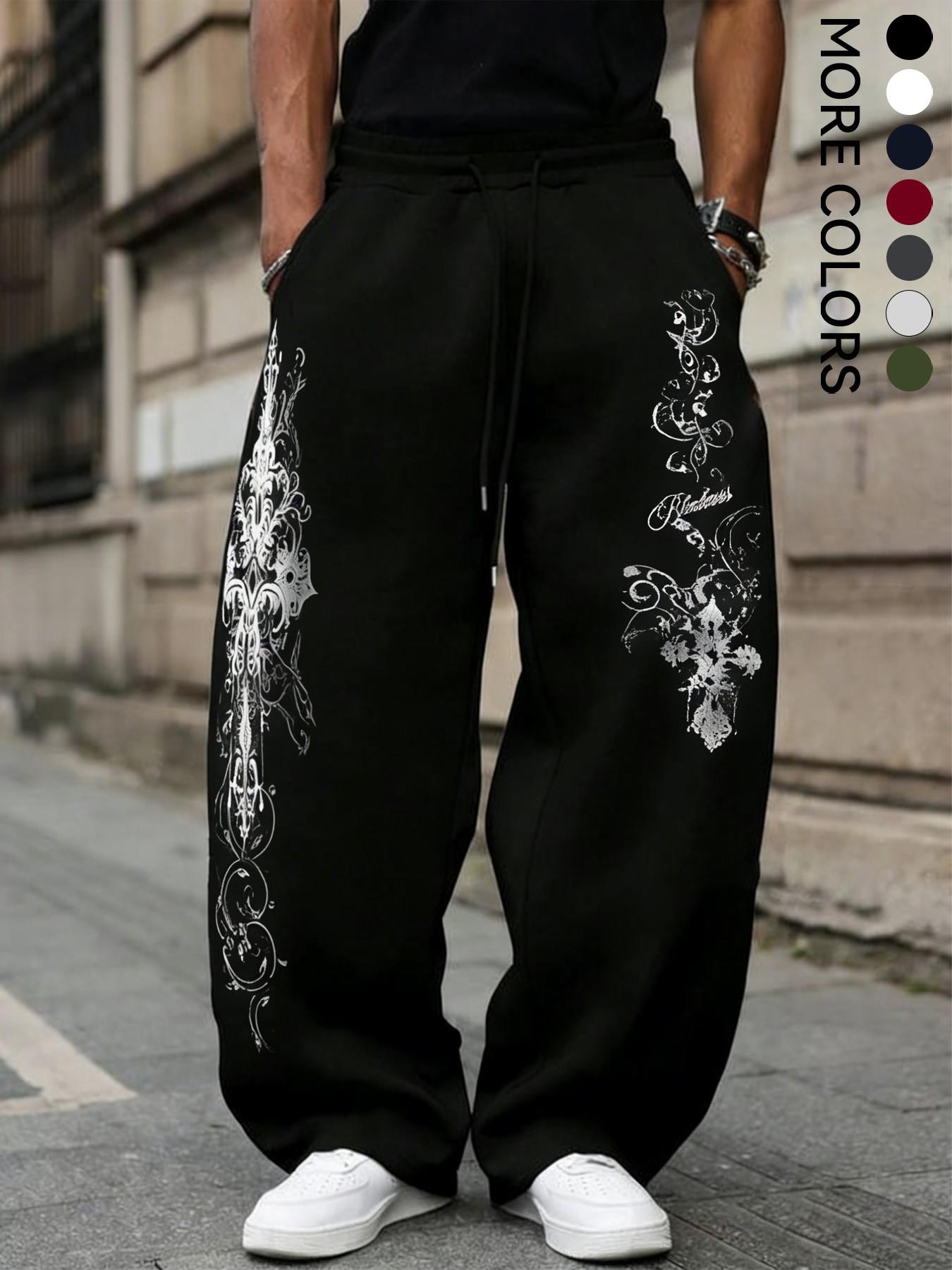 2026 Men's Dark Baroque Pattern Wide Leg Trousers in, Casual