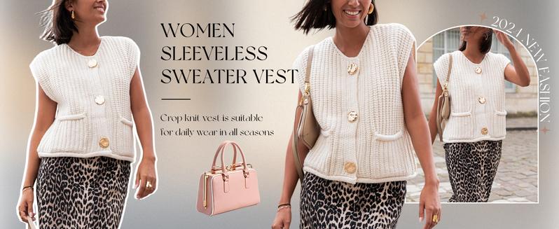 Molitree Womens Casual Chunky Knit Vest Gold Button Down Crop Crochet Sleeveless Sweater Vest