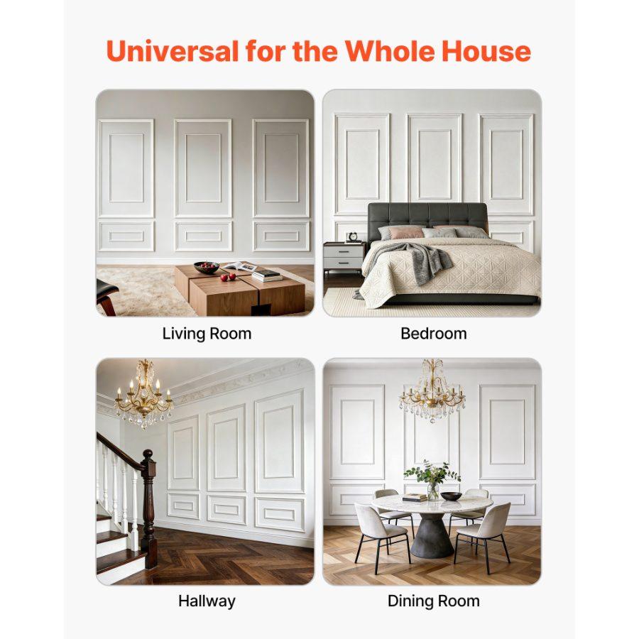 VEVOR 3-Pack Wall Molding Wainscoting Panels Kit, Dual-Line Wide-Narrow Profile, Lightweight Paintable Polystyrene, Easy-Install Accent Wall Trim for Interior Living Room, Bedroom, White