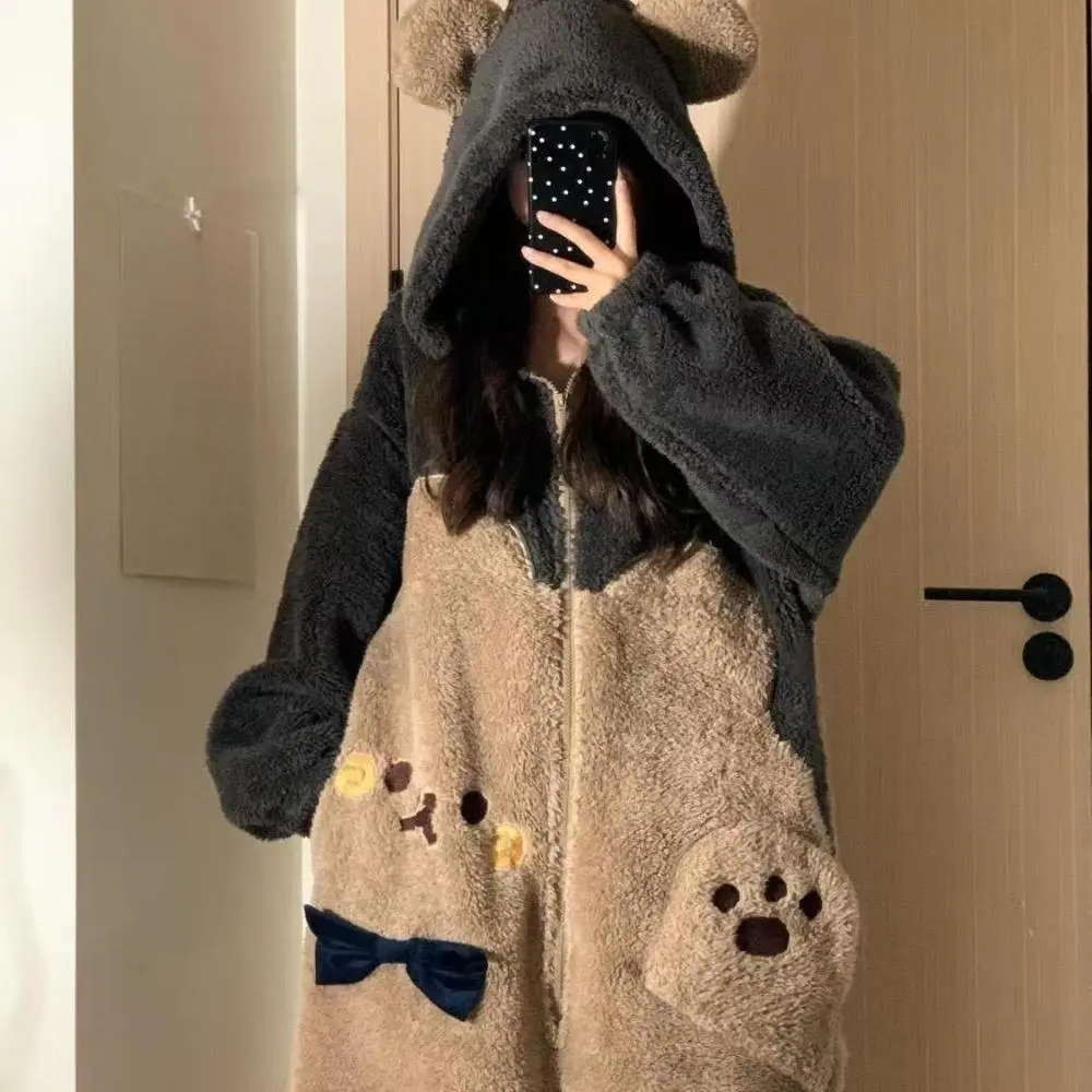 [Warm Onesie Pajamas] Autumn Winter New Cartoon Bear Flannel Thick Warm One‑Piece Pajama, Long‑Sleeve Long‑Leg Cute Adult Unisex Loungewear, Novelty Jumpsuit for Home Wear & Stage Performance Costume