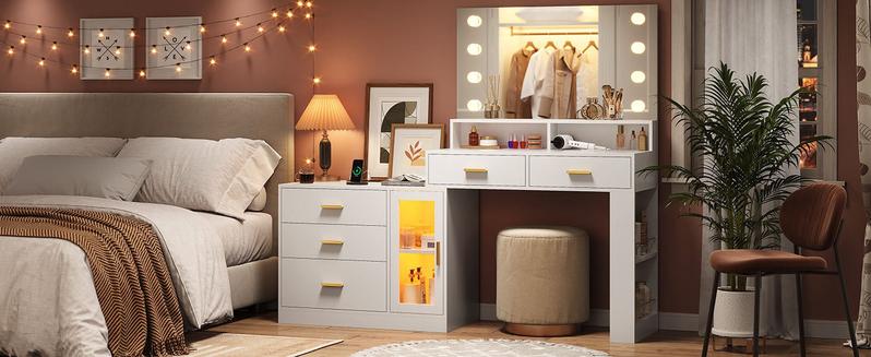 Sikaic LED Makeup Vanity Dresser With Mirror And Charging Station & 5 Drawers Cabinet Storage Furniture Bedroom Aesthetic Modern