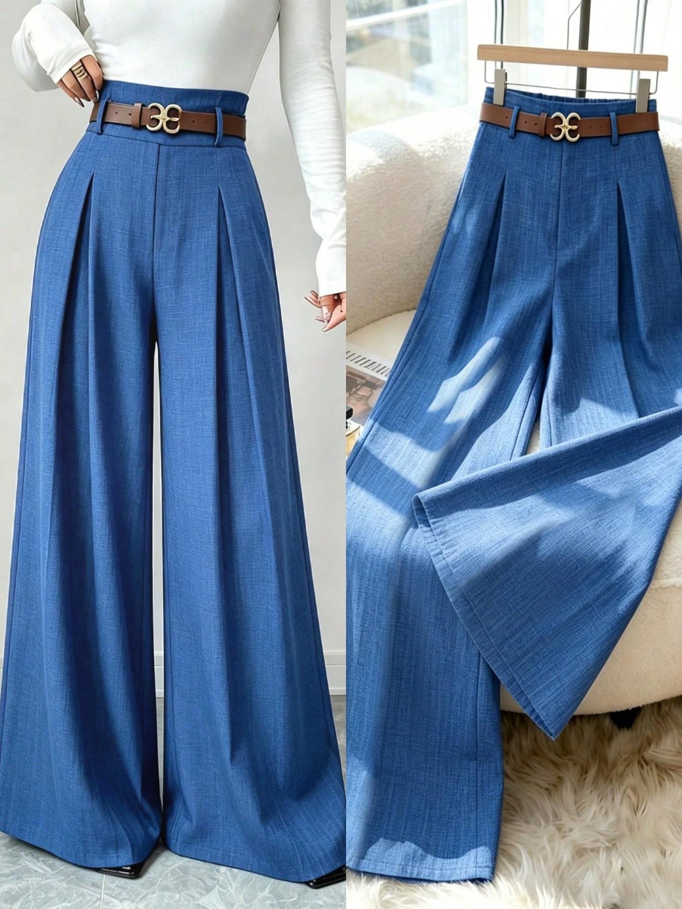 Elegant Minimalist High-Waist Wide-Leg Pants without Belt, Casual Loose-Fit Elastic Waist Long Trousers for Office, Women's Bottoms for Summer & Fall