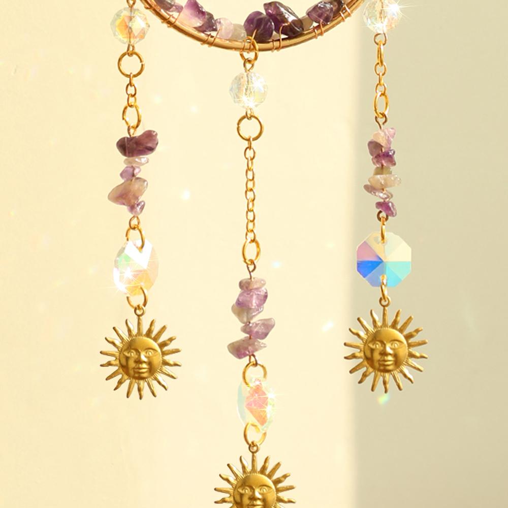 Moon and Lotus Prism Suncatcher Natural Stone Dreamcatcher Hanging Crystal Sun Catcher Rainbow Maker Garden Window Decoration